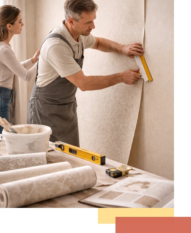 Поклейка обоев с подбором рисунка в асбесте