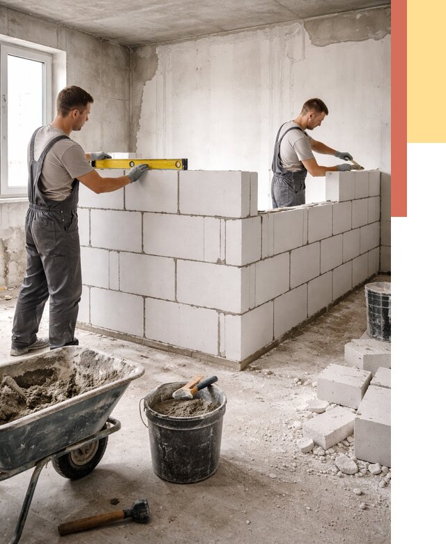 Кладка перегородок из ПГП в асбесте от 2527 руб./м2 — монтаж и возведение под ключ | ОТДЕЛОЧНИК-Сбс