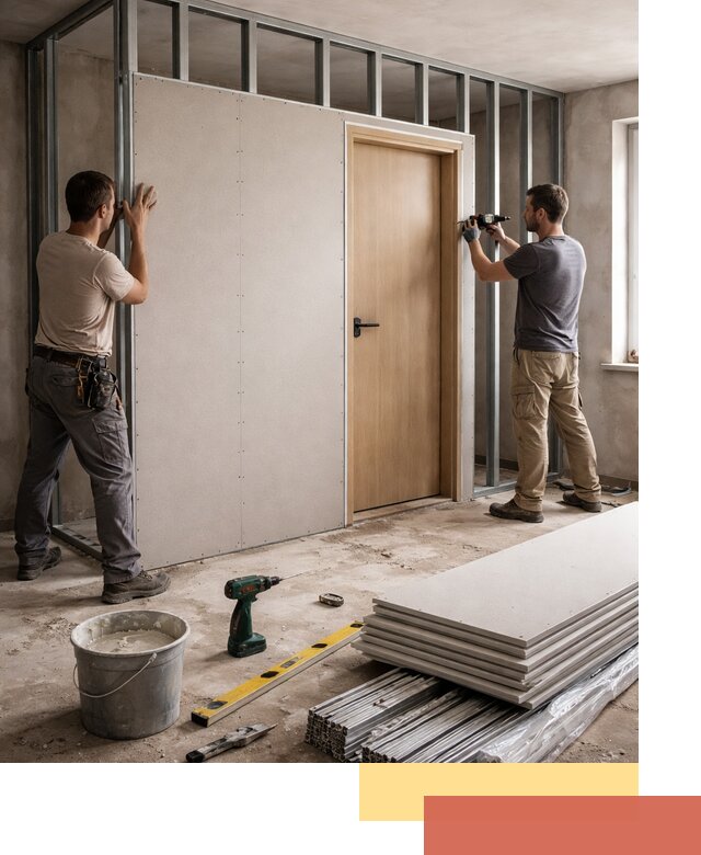 Перегородка из гипсокартона с дверью под ключ в асбесте