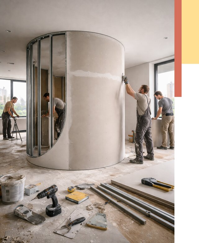 Радиусная перегородка из гипсокартона в асбесте от 2931 руб. под ключ | ОТДЕЛОЧНИК-Сбс