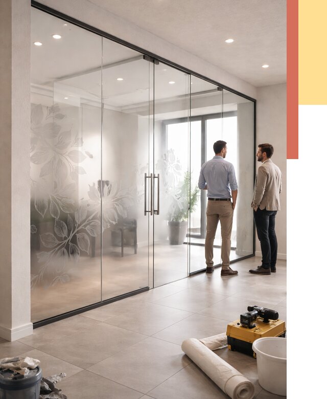 Стеклянные перегородки с рисунком в асбесте от 12634 руб. монтаж и нанесение | ОТДЕЛОЧНИК-Сбс