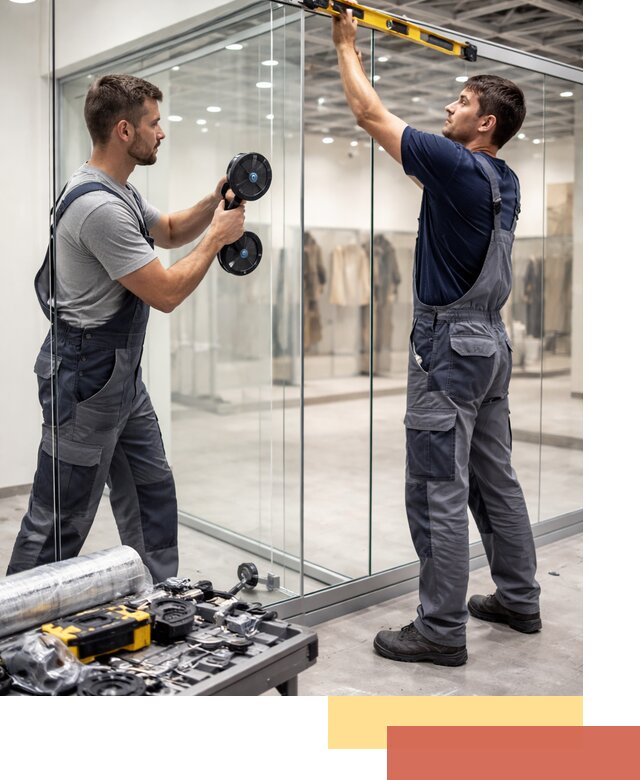 Стеклянные перегородки для магазинов в асбесте — монтаж и установка