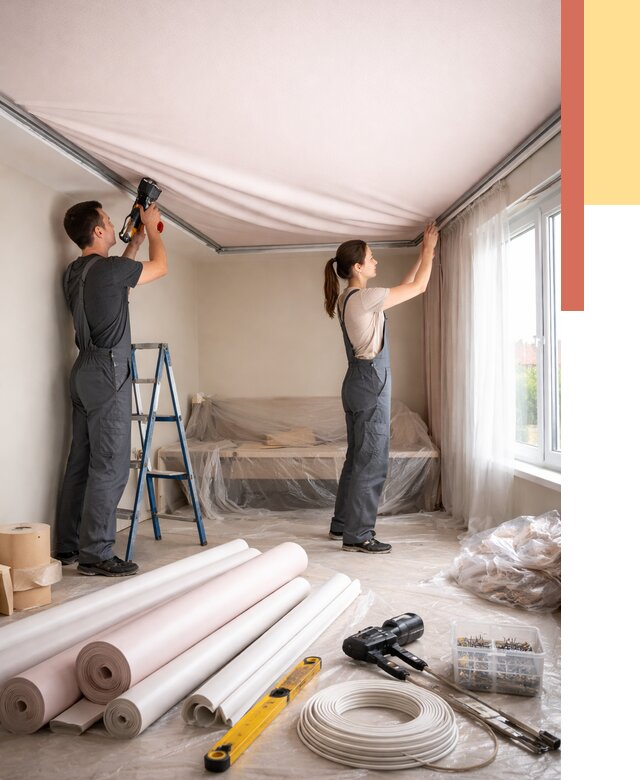 Монтаж цветного натяжного потолка в асбесте от 4245 руб/м² — быстро и недорого | ОТДЕЛОЧНИК-Сбс