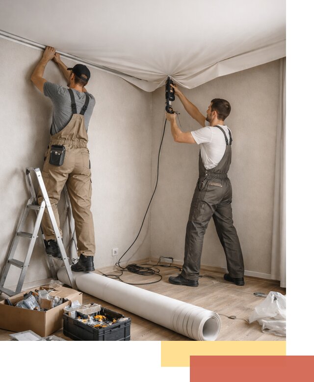 Монтаж цветного натяжного потолка в асбесте за один день