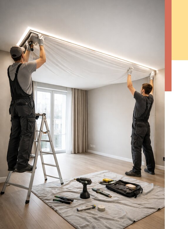 Монтаж парящего натяжного потолка в асбесте от 4548 руб. быстро и недорого | ОТДЕЛОЧНИК-Сбс