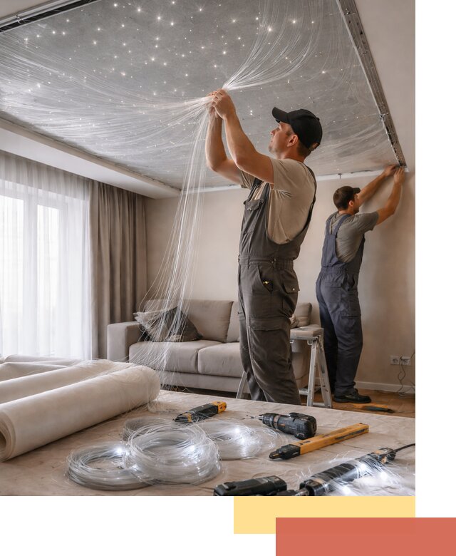 Монтаж натяжного потолка «Звездное небо» в асбесте