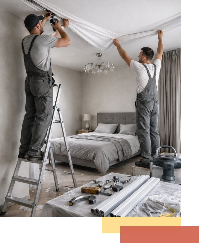 Монтаж натяжного потолка в спальне в асбесте