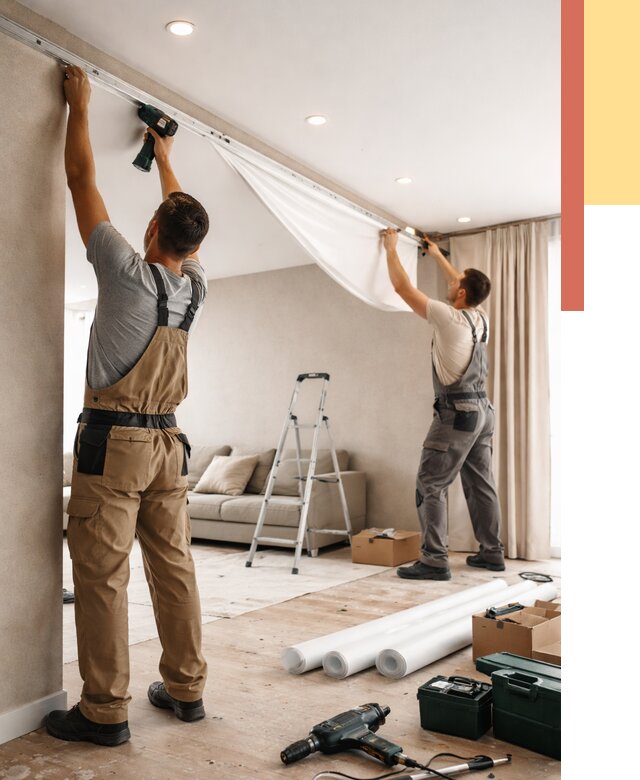 Монтаж натяжного потолка в гостиной в асбесте от 556 руб. | ОТДЕЛОЧНИК-Сбс