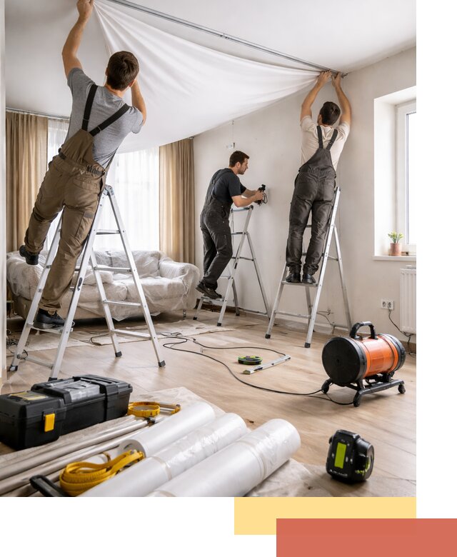 Монтаж натяжного потолка в гостиной в асбесте