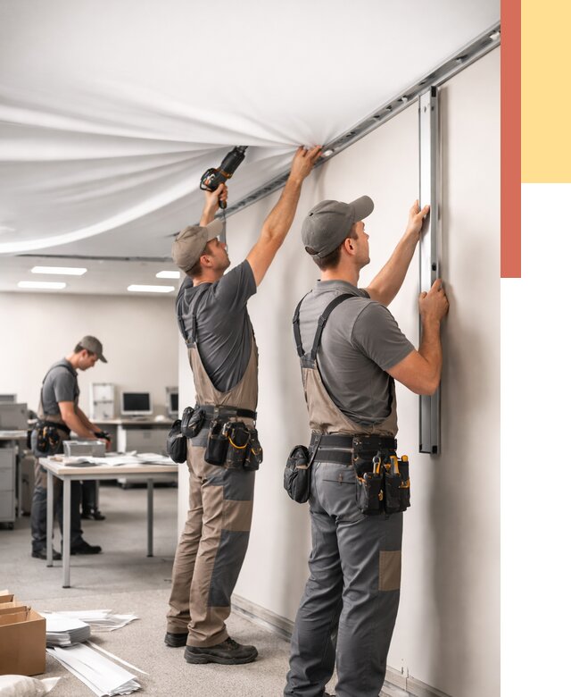 Монтаж натяжного потолка в офисе в асбесте от 455 руб/м² — быстро и недорого | ОТДЕЛОЧНИК-Сбс