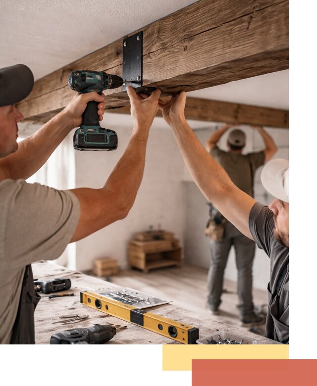 Монтаж декоративных потолочных балок в асбесте